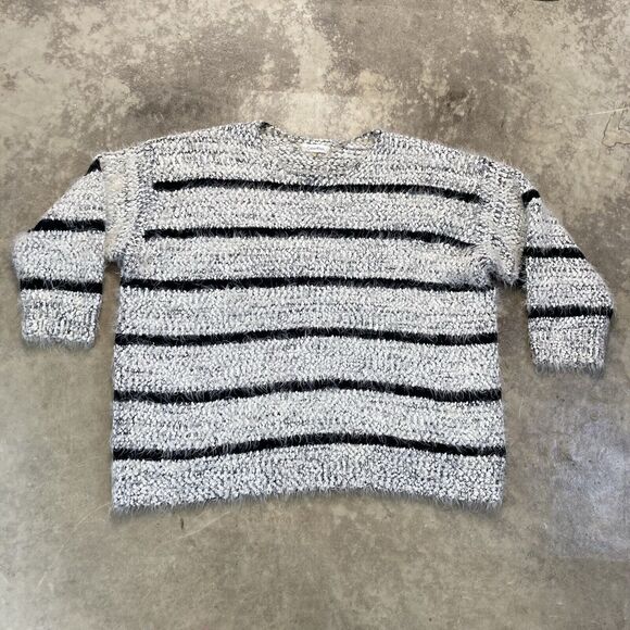 Calvin Klein Sweater Womens 2X White Black Striped Fuzzy Cozycore Loungewear - Picture 1 of 6